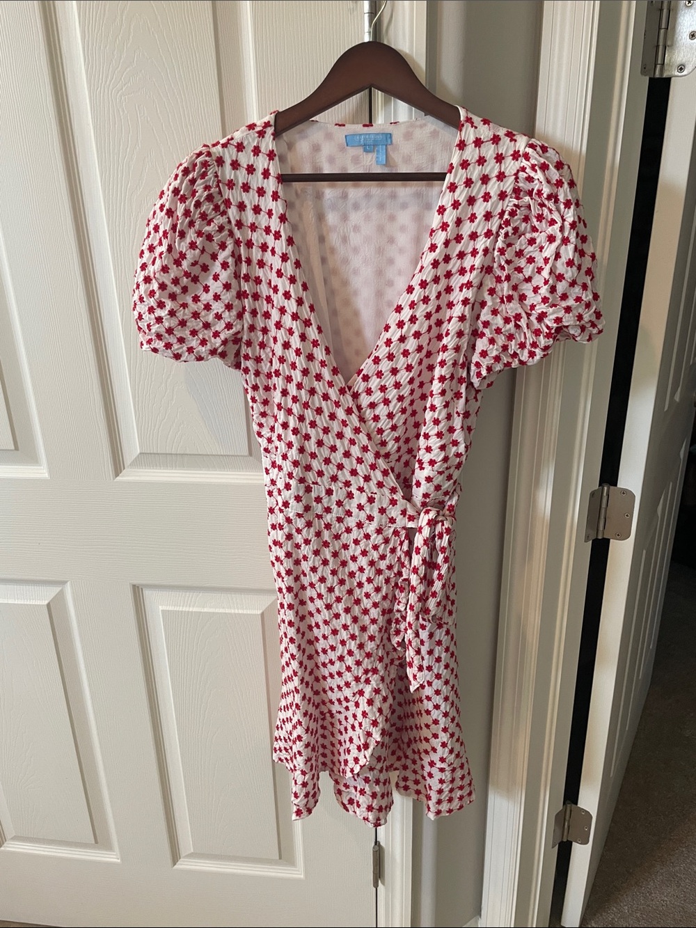 Draper James White Dress with Red Floral Print - Puff Sleeve Wrap Mini NWOT